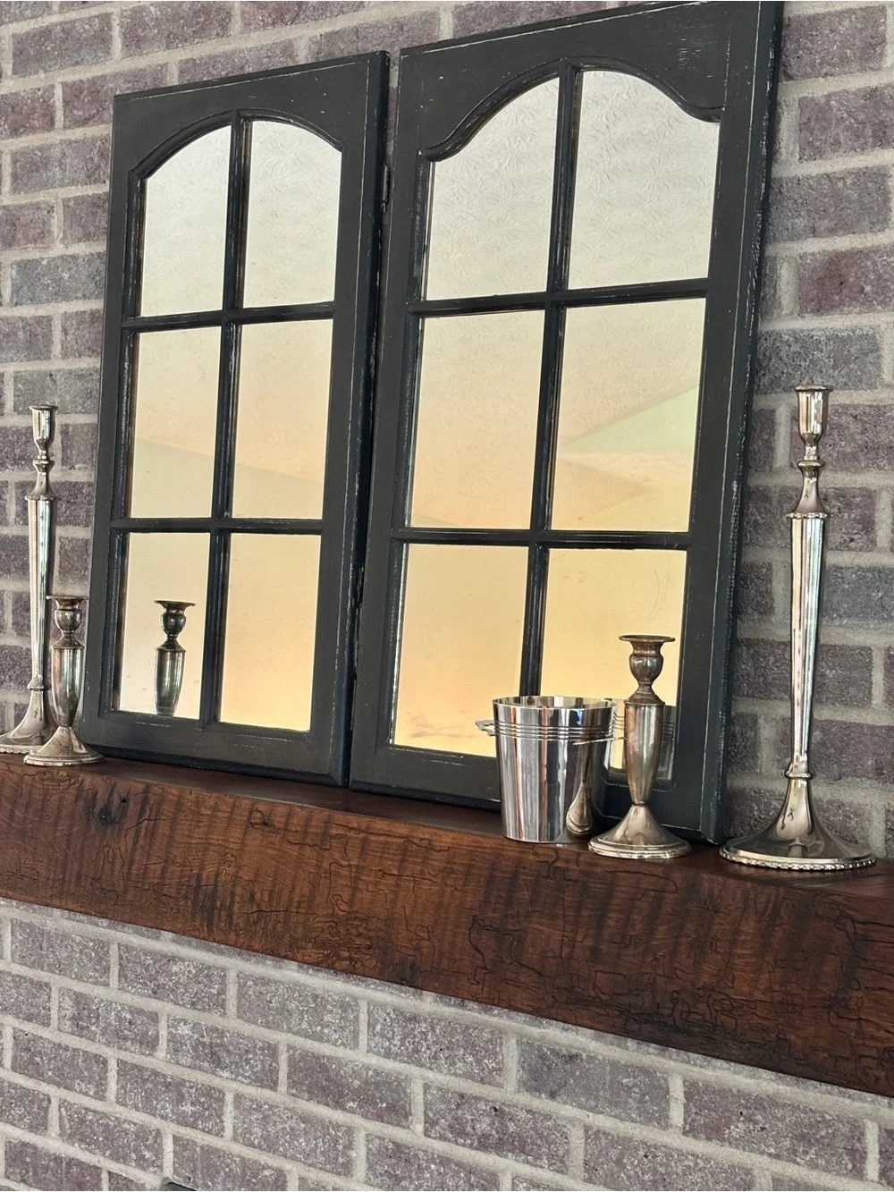 Vintage Rustic Black Distressed Windowpane Wall Mirror Set